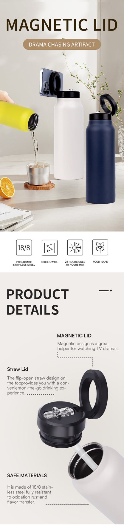 304 Stainless Steel Vacuum Cup Creative Magnetic Water Cup Insulated Sports Water Bottle With Straw Outdoor Insulated Water Mug With Magnetic Phone Holder